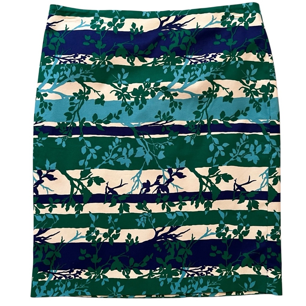 Talbots Blue/Green White Floral/Stripe Stretch Cotton Pencil Skirt 12P